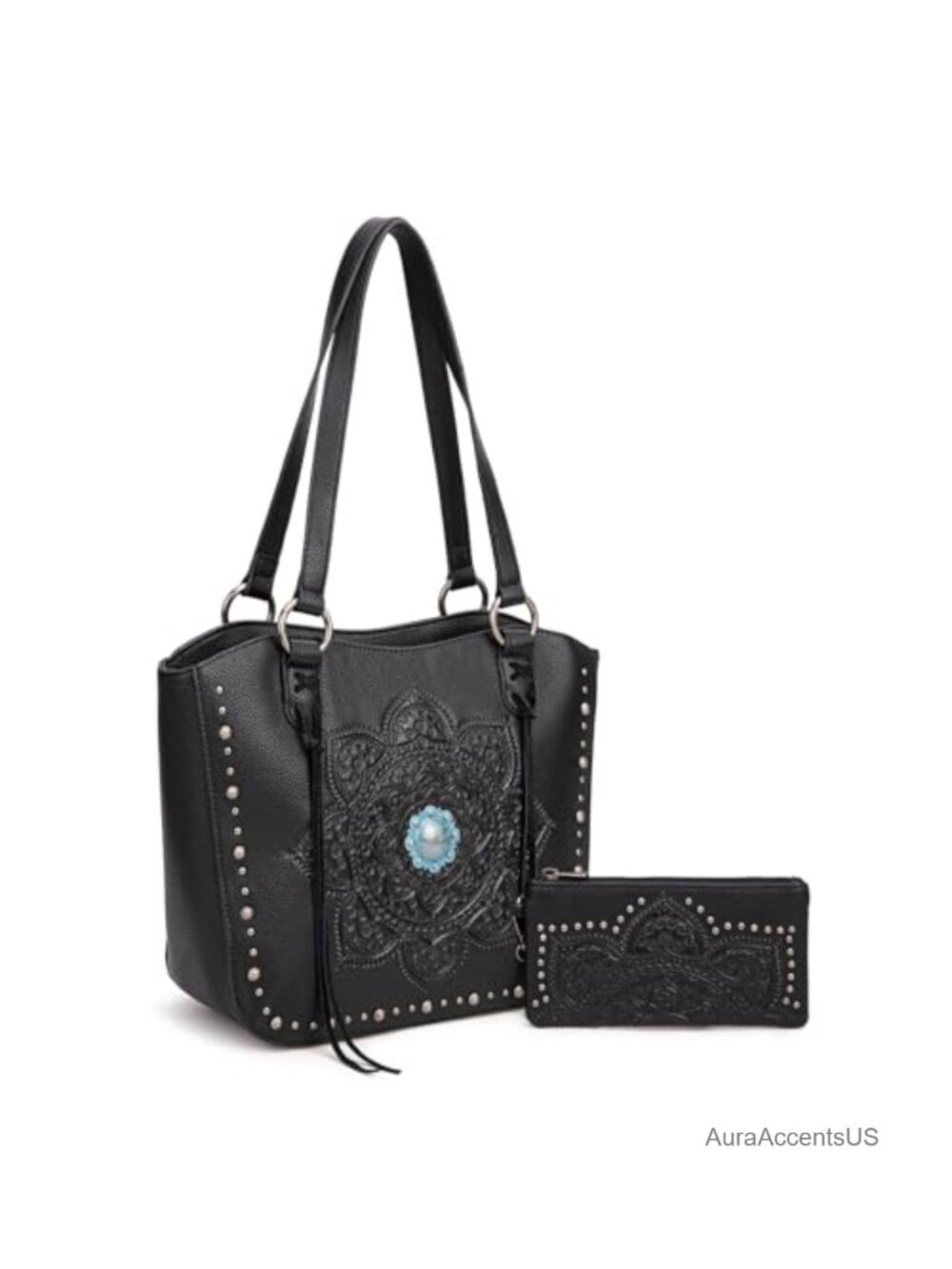Western Tote Bag with Wallet Set Studded Top Handle Shoulder Handbag
